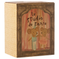 The Maileg Ballet Mice in Dance Studio, Little Sister and Brother set comes in a rectangular box with ballet mice on stage, "le Studio de Danse" text above them, and a patterned yellow side—ideal as a mouse house or ballet playset.