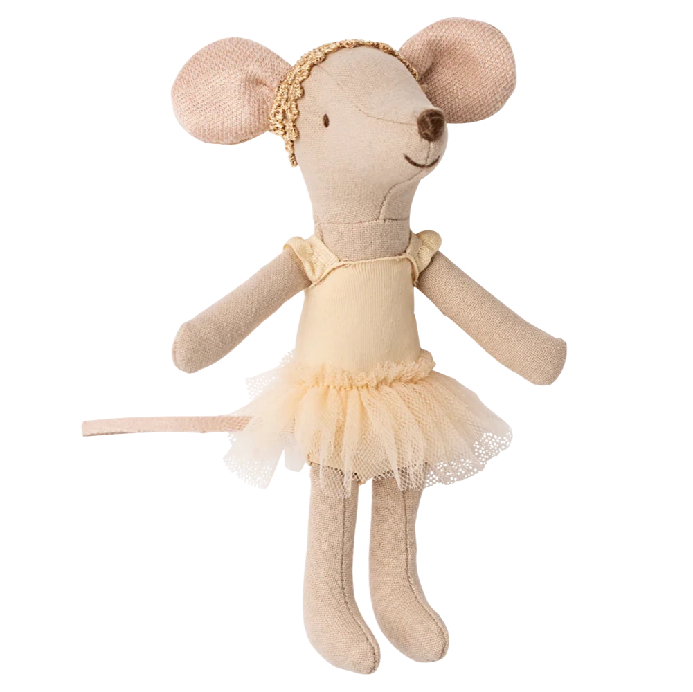 The Maileg Ballet Dancer Mouse, Big Sister, is a charming stuffed fabric doll in a yellow tutu and gold headband—perfect for display on a plain white background.