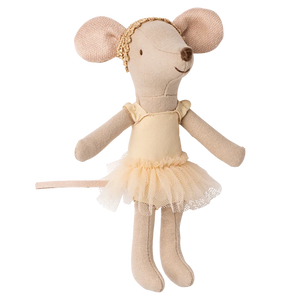 The Maileg Ballet Dancer Mouse, Big Sister, is a charming stuffed fabric doll in a yellow tutu and gold headband—perfect for display on a plain white background.