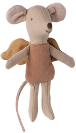 Introducing the Maileg Fairy Mouse, Little - Rose: a charming stuffed toy featuring beige and pink fabric, delicate soft wings, and a brown dress. Shown against a plain background, this whimsical fairy mouse is perfect for sparking imagination in every child.