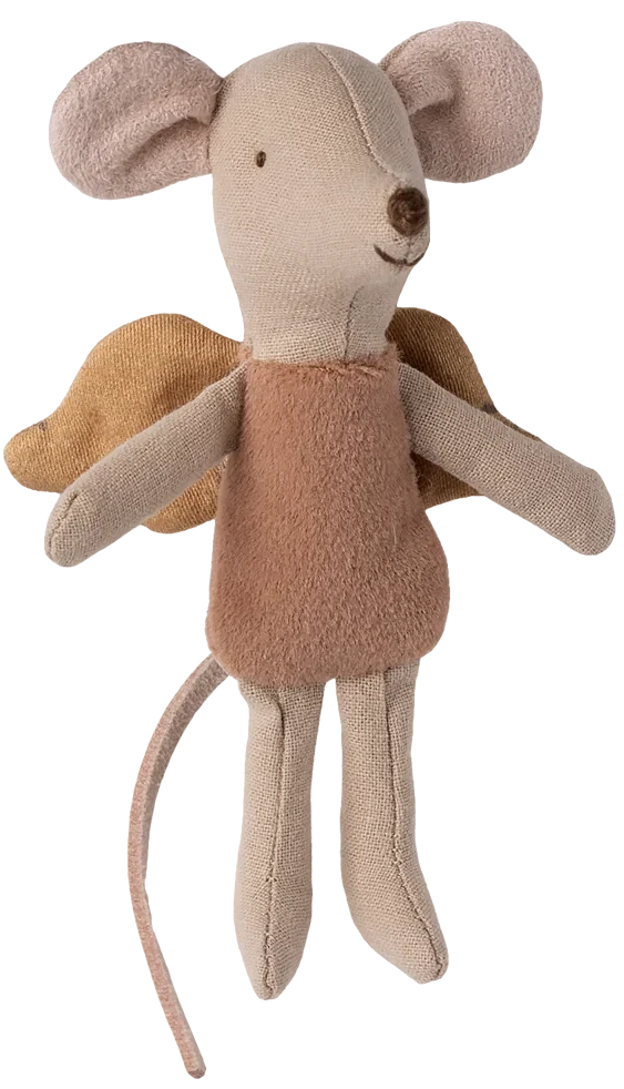 Introducing the Maileg Fairy Mouse, Little - Rose: a charming stuffed toy featuring beige and pink fabric, delicate soft wings, and a brown dress. Shown against a plain background, this whimsical fairy mouse is perfect for sparking imagination in every child.