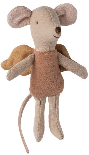 Introducing the Maileg Fairy Mouse, Little - Rose: a charming stuffed toy featuring beige and pink fabric, delicate soft wings, and a brown dress. Shown against a plain background, this whimsical fairy mouse is perfect for sparking imagination in every child.