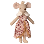 Maileg’s Queen Mouse, Mum wears a royal dress with gold trim, gold crown, and white cape with red dots, standing regally as if ready for the Castle Hall, shown against a white background.