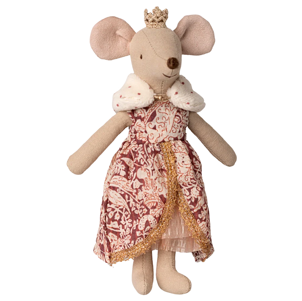 Maileg’s Queen Mouse, Mum wears a royal dress with gold trim, gold crown, and white cape with red dots, standing regally as if ready for the Castle Hall, shown against a white background.