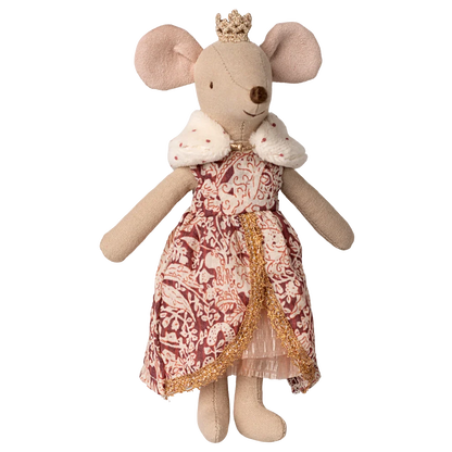 Maileg’s Queen Mouse, Mum wears a royal dress with gold trim, gold crown, and white cape with red dots, standing regally as if ready for the Castle Hall, shown against a white background.