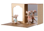 The Maileg Ballet Mice in Dance Studio set features Little Sister in pink and Little Brother in blue, both practicing at the barre with a mirror—an adorable, charming addition to any mouse house.