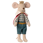 Maileg King Mouse, Dad wears a gold crown, red and white royal cape, patterned shirt, and teal pants—perfect plush toy for adventures in the Castle Hall.