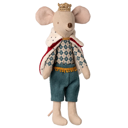 Maileg King Mouse, Dad wears a gold crown, red and white royal cape, patterned shirt, and teal pants—perfect plush toy for adventures in the Castle Hall.