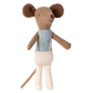 The Maileg Ballet Dancer Mouse, Big Brother, is a brown plush mouse dressed as a ballet dancer in a light blue top and white pants, standing upright against a plain background.