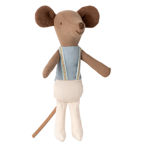 The Maileg Ballet Dancer Mouse, Big Brother, is a brown plush mouse dressed as a ballet dancer in a light blue top and white pants, standing upright against a plain background.