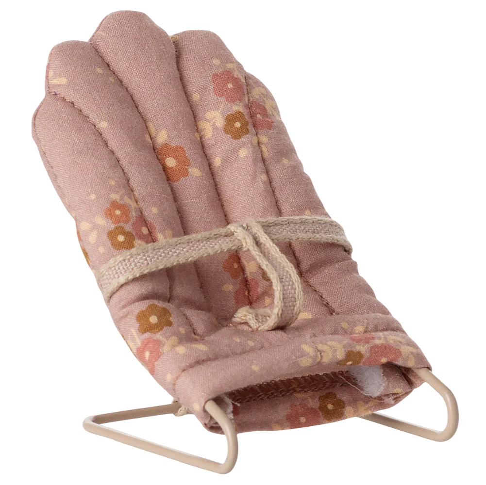 The Maileg Babysitter, My - Rose is a small padded doll chair with a pink floral cover, fabric harness, and beige metal frame—ideal for rabbits or baby mice—shown on a plain white background.