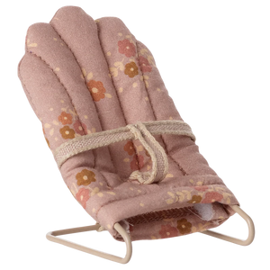 The Maileg Babysitter, My - Rose is a small padded doll chair with a pink floral cover, fabric harness, and beige metal frame—ideal for rabbits or baby mice—shown on a plain white background.