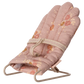 The Maileg Babysitter, My - Rose is a small, padded fabric chair with a floral print, beige strap, and slim metal frame in a reclined position—ideal as a cozy seat for rabbits or baby mice.