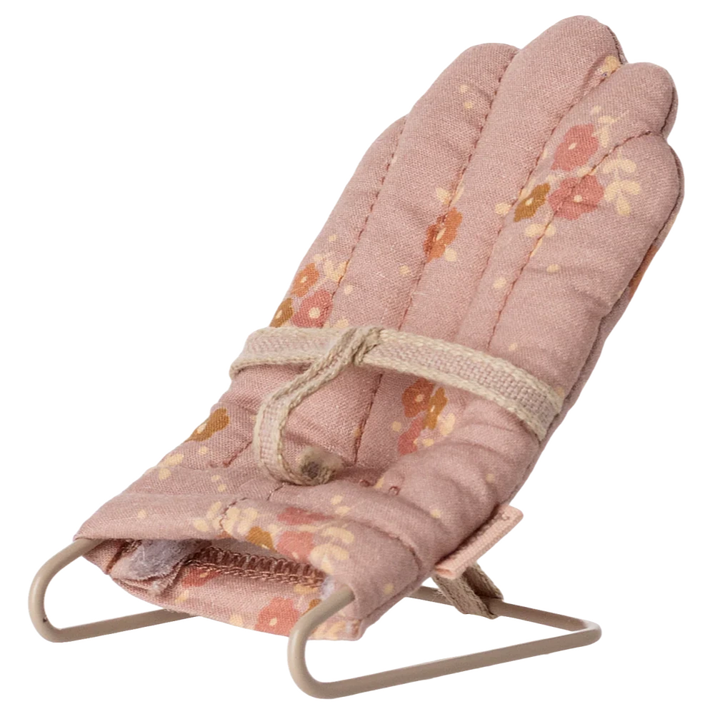 The Maileg Babysitter, My - Rose is a small, padded fabric chair with a floral print, beige strap, and slim metal frame in a reclined position—ideal as a cozy seat for rabbits or baby mice.