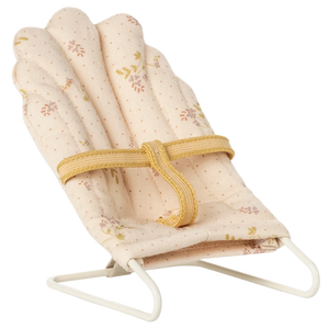 Maileg Babysitter, Micro - Off White: Features a pale pink floral cushion, yellow strap, and white metal frame—ideal for micro-sized rabbits or tiny bunnies. Photographed against a plain background.
