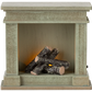 The Maileg Fireplace, Miniature - Dusty Green, features a vintage-style finish with imitation logs and a soft orange light, adding cozy charm to any miniature home.