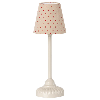 The Maileg Vintage Floor Lamp, Mouse - Sand features a white, round, ridged base and a red polka dot fabric shade—perfect for adding soft light to any space.