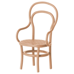 The Maileg Vintage Chair, Mouse - Dark Powder, is a small bentwood-style chair with a rounded backrest and woven seat—ideal as mice furniture or a cute dollhouse accent—shown against a plain white background.