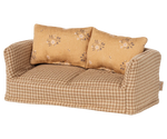 Maileg's Couch, Mouse - Mable features a beige plaid design and two yellow floral cushions, ideal for a mice family at Mouse hole Farmhouse. Shown against a plain white background.