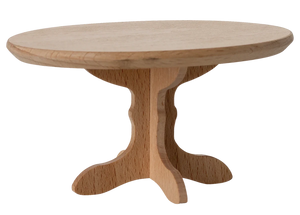 The Maileg Oval Dining Table, Mouse - Nature, features a finely crafted wooden design with a central pedestal and three curved legs, perfect for elegant dining displays on a plain white background.