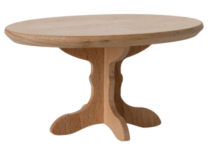 The Maileg Oval Dining Table, Mouse - Nature, features a finely crafted wooden design with a central pedestal and three curved legs, perfect for elegant dining displays on a plain white background.