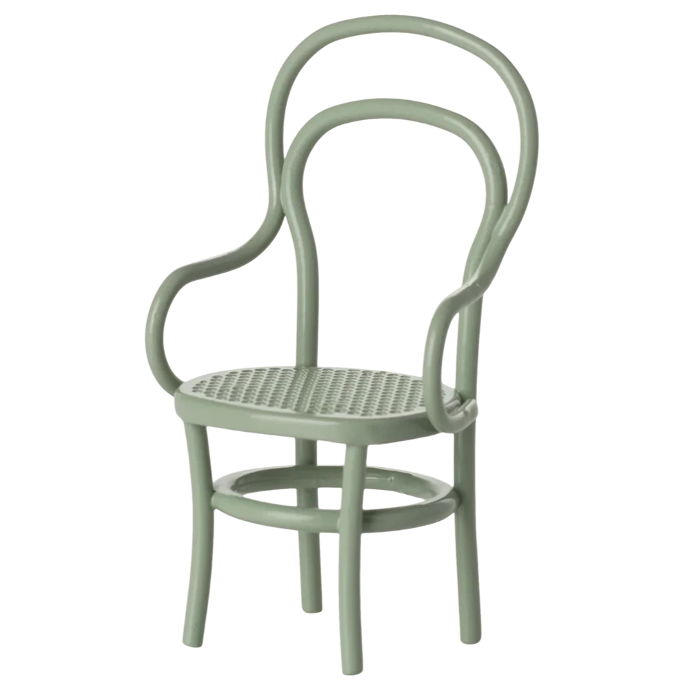 The Maileg Vintage Chair, Mouse - Mint is a light green wooden chair with curved backrest, arms, woven seat, and circular support ring—ideal for mice furniture or as a charming dollhouse accessory.