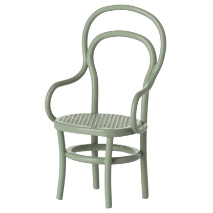 The Maileg Vintage Chair, Mouse - Mint is a light green wooden chair with curved backrest, arms, woven seat, and circular support ring—ideal for mice furniture or as a charming dollhouse accessory.