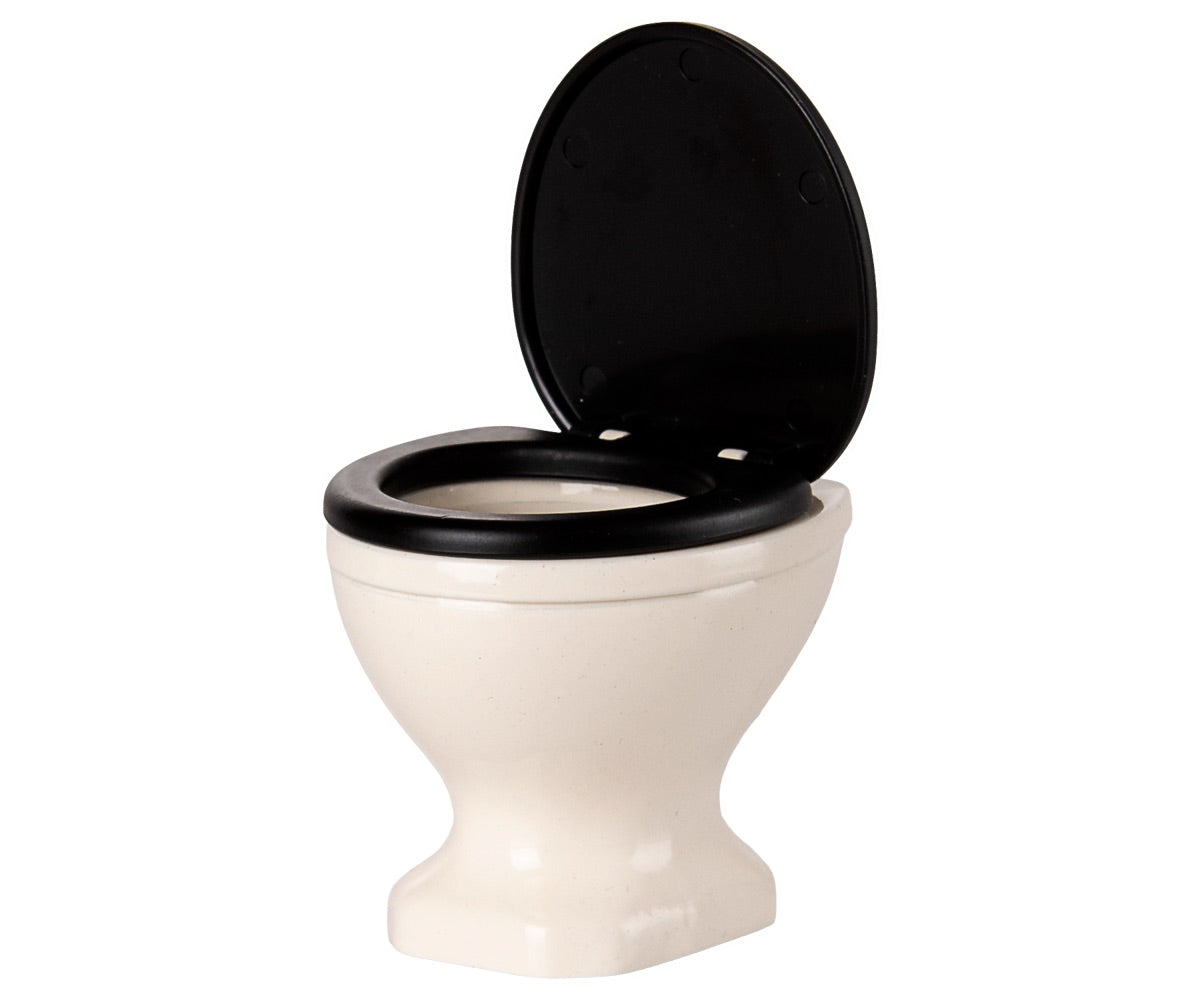 Off White Water Closet - Mouse by Maileg, featuring a white porcelain toilet with a black seat and raised lid, photographed against a plain white background—an on-trend bathroom accessory perfect for bringing style to any small space.