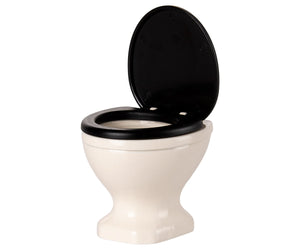 Off White Water Closet - Mouse by Maileg, featuring a white porcelain toilet with a black seat and raised lid, photographed against a plain white background—an on-trend bathroom accessory perfect for bringing style to any small space.