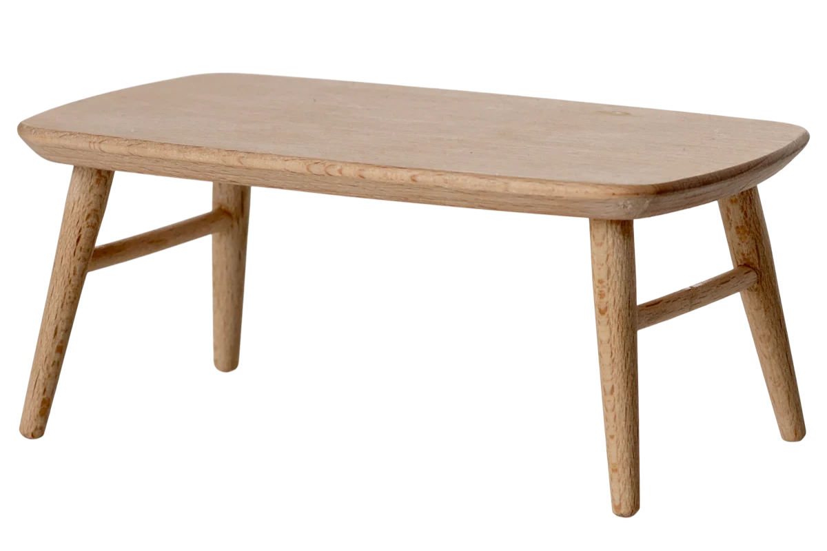 The Maileg Coffee Table, Mouse - Nature is a small, lightweight wooden table with rounded corners and four angled legs, ideal for a mouse-sized setting or as decor in your Mouse Hole Farmhouse. Shown isolated on white.
