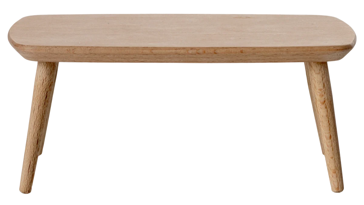 The Maileg Coffee Table, Mouse - Nature is a small, lightweight wood bench with rounded edges and three angled legs—perfect as a mouse-sized coffee table—shown on a plain white background.