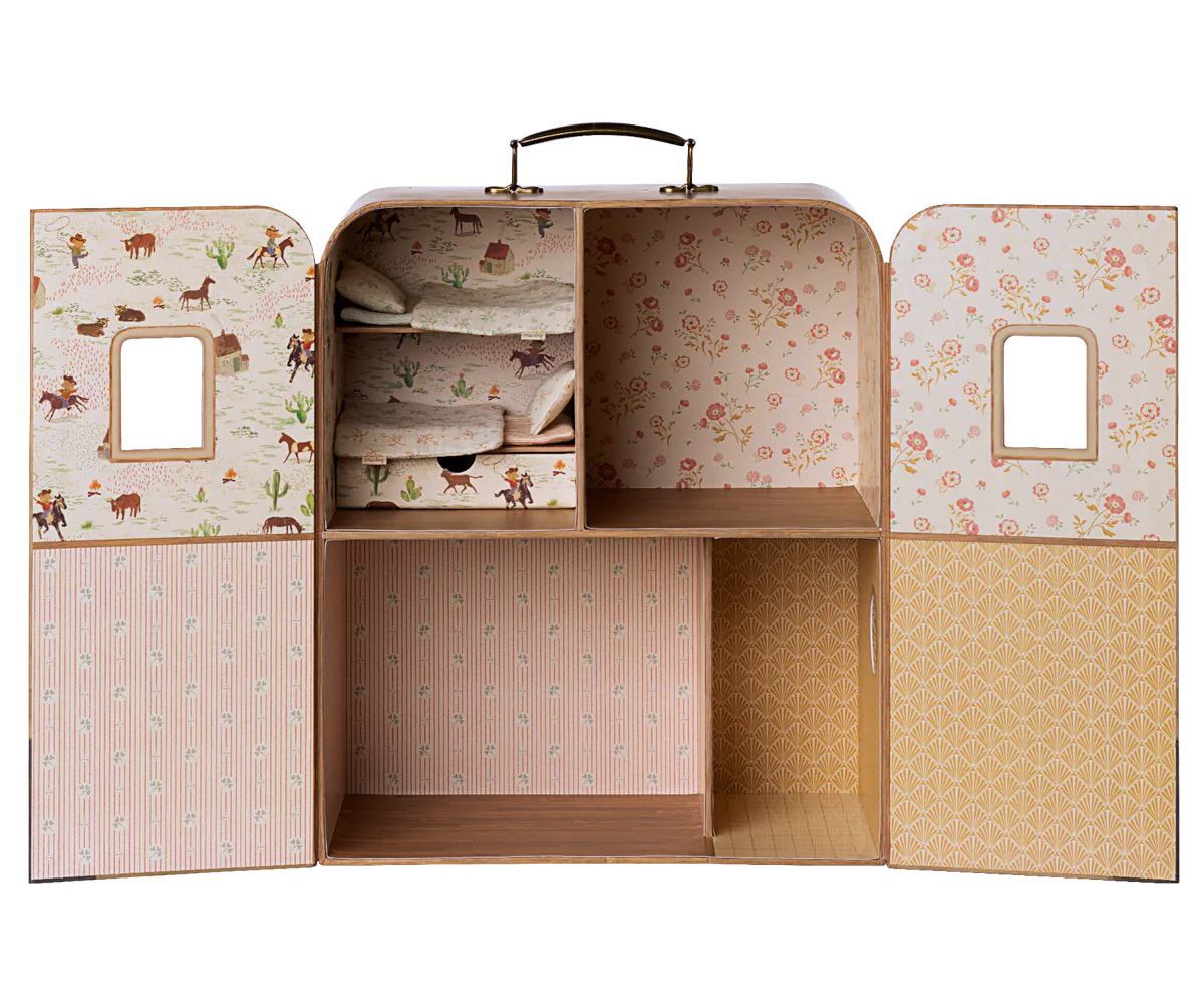 The Maileg SuitCasa for Little Sister and Brother Mouse is a charming dollhouse-style suitcase featuring four compartments, shelves with neatly folded linens, and interior walls adorned with pastel patterns and tiny windows on the doors—offering the perfect portable house for your little mice, complete with plenty of space to arrange their small furniture.