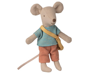 Maileg Little Brother Mouse with Bag comes dressed in a blue and green striped shirt, orange pants, and carries a yellow cheese bag, featuring magnets in his paws for playful posing.