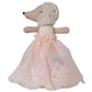 Maileg’s Baby Mouse in Powder Gown, dressed in a lace bonnet and a long powder pink lace dress, is shown in profile against a white background.