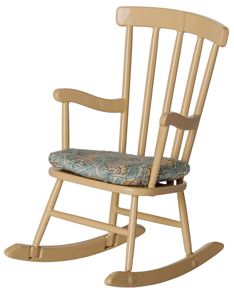 The Maileg Rocking Chair, Mouse - Wheat is a beige farmhouse-style wooden rocking chair featuring a padded, patterned fabric seat cushion for a comfortable and inviting look, shown isolated on a white background.
