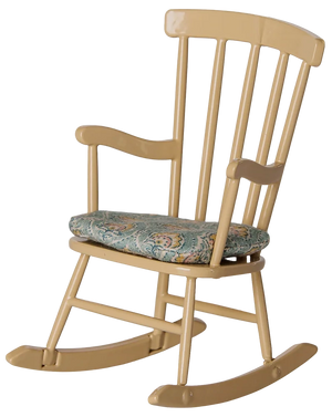 The Maileg Rocking Chair, Mouse - Wheat is a beige farmhouse-style wooden rocking chair featuring a padded, patterned fabric seat cushion for a comfortable and inviting look, shown isolated on a white background.