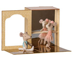 The Maileg Ballet Mice in Dance Studio—featuring little sister and brother mice dressed in delightful ballet costumes, with one posed at the barre and the other seated on the floor—practice together in a whimsical miniature studio adorned with mirrors and patterned walls, making a magical addition to any ballet playset or mouse house.