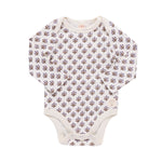 The Coop Kids PC Baby Girls’ Baby Wonder Bodysuit features long sleeves and a beige background adorned with a delicate purple floral pattern. Designed for easy changes, this bodysuit is displayed flat against a white backdrop.