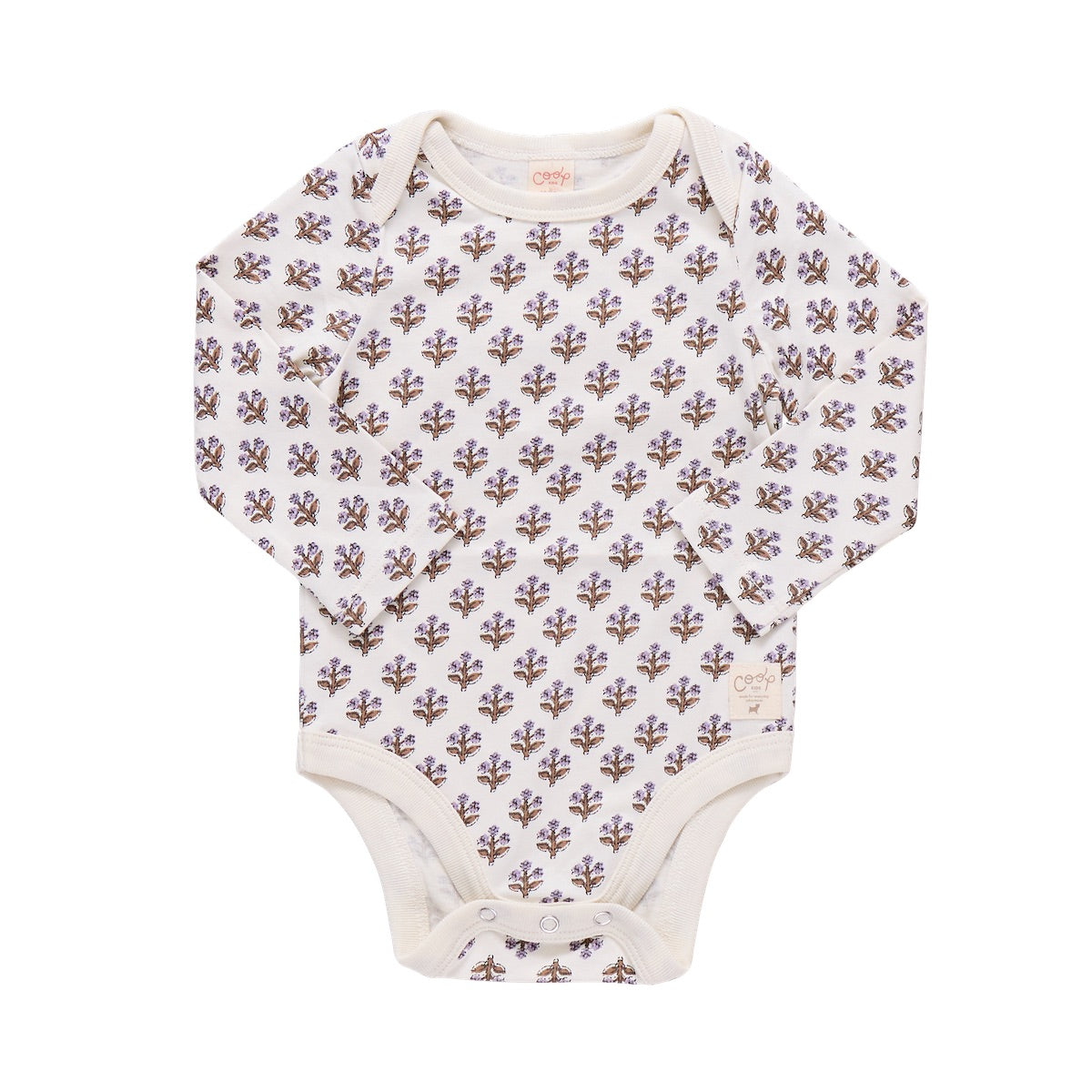The Coop Kids PC Baby Girls’ Baby Wonder Bodysuit features long sleeves and a beige background adorned with a delicate purple floral pattern. Designed for easy changes, this bodysuit is displayed flat against a white backdrop.