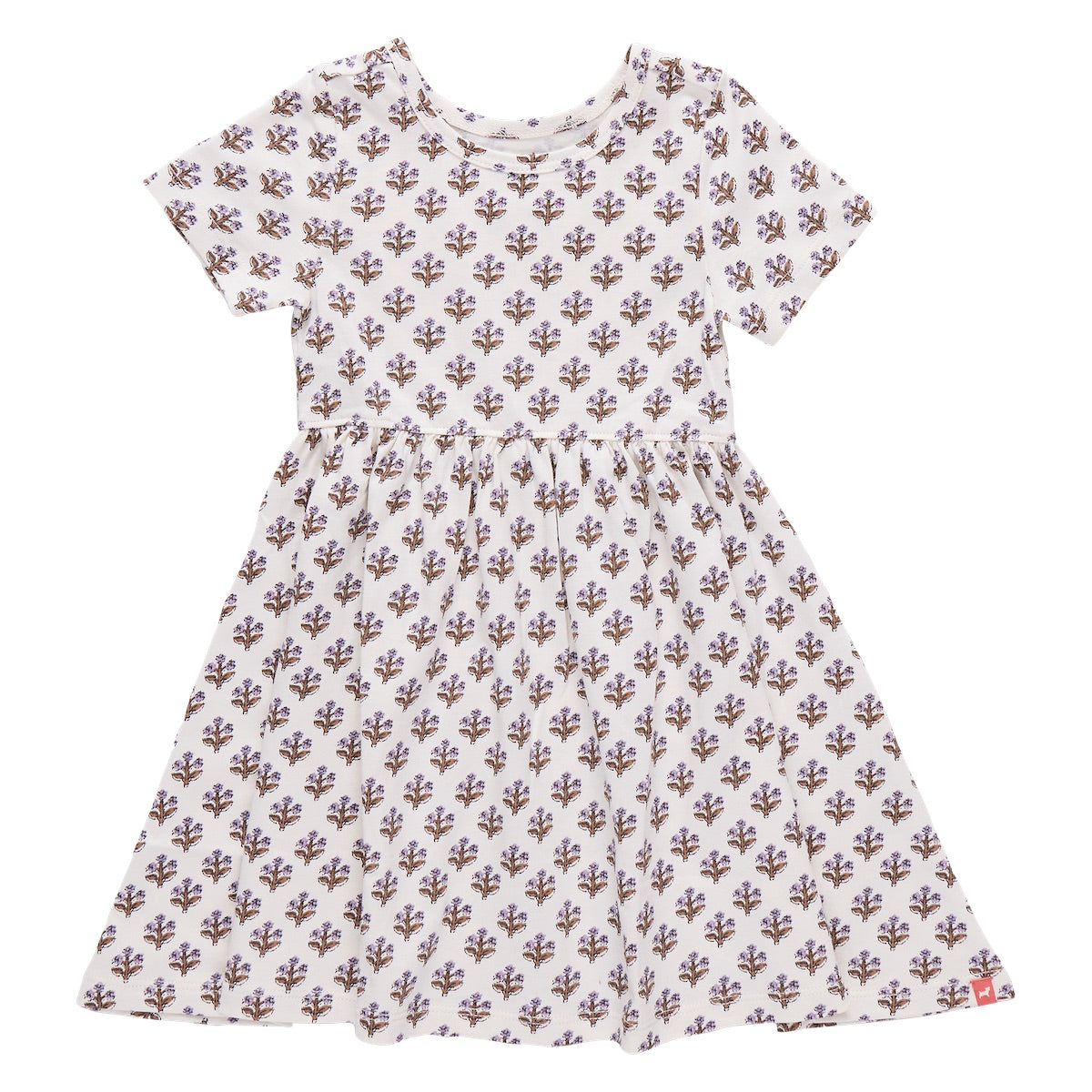 Girls’ Sunny Dress by Coop Kids PC: This versatile dress showcases a white short-sleeve design with a fitted waist and an all-over purple floral pattern, crafted from soft organic Pima cotton, and is displayed on a plain white background.