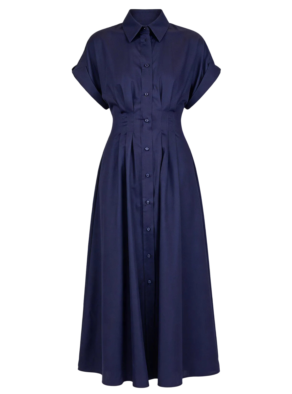 The Corsica Dress by Callas Milano is a navy blue, short-sleeve, fit and flare midi dress in cotton twill with a collared neckline, button-down front, and fitted waist.