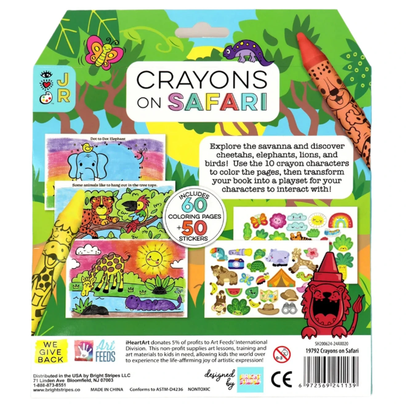 Embark on a vibrant adventure with Bright Stripes Crayons on Safari, a captivating coloring book from Bright Stripes that brings the African savanna to life. Enjoy 60 pages of colorful animal and crayon illustrations, plus free stickers.