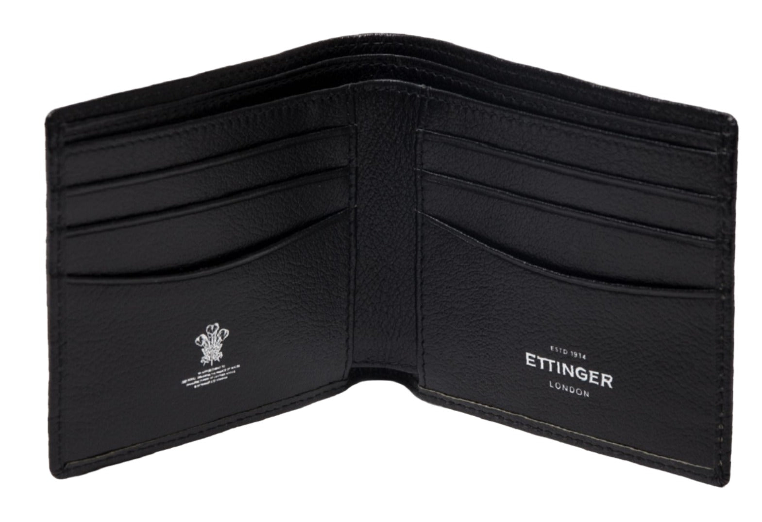 The Ettinger Capra Billfold 6 Credit Card Wallet, crafted from luxury goat leather, opens to reveal card slots and embossed Ettinger branding on the interior.