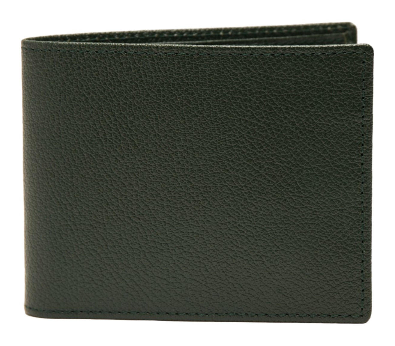 The Ettinger Capra Billfold 6 Credit Card Wallet by Ettinger, crafted from textured goat leather, is presented in a closed view from the side, showcasing its luxurious dark green design.