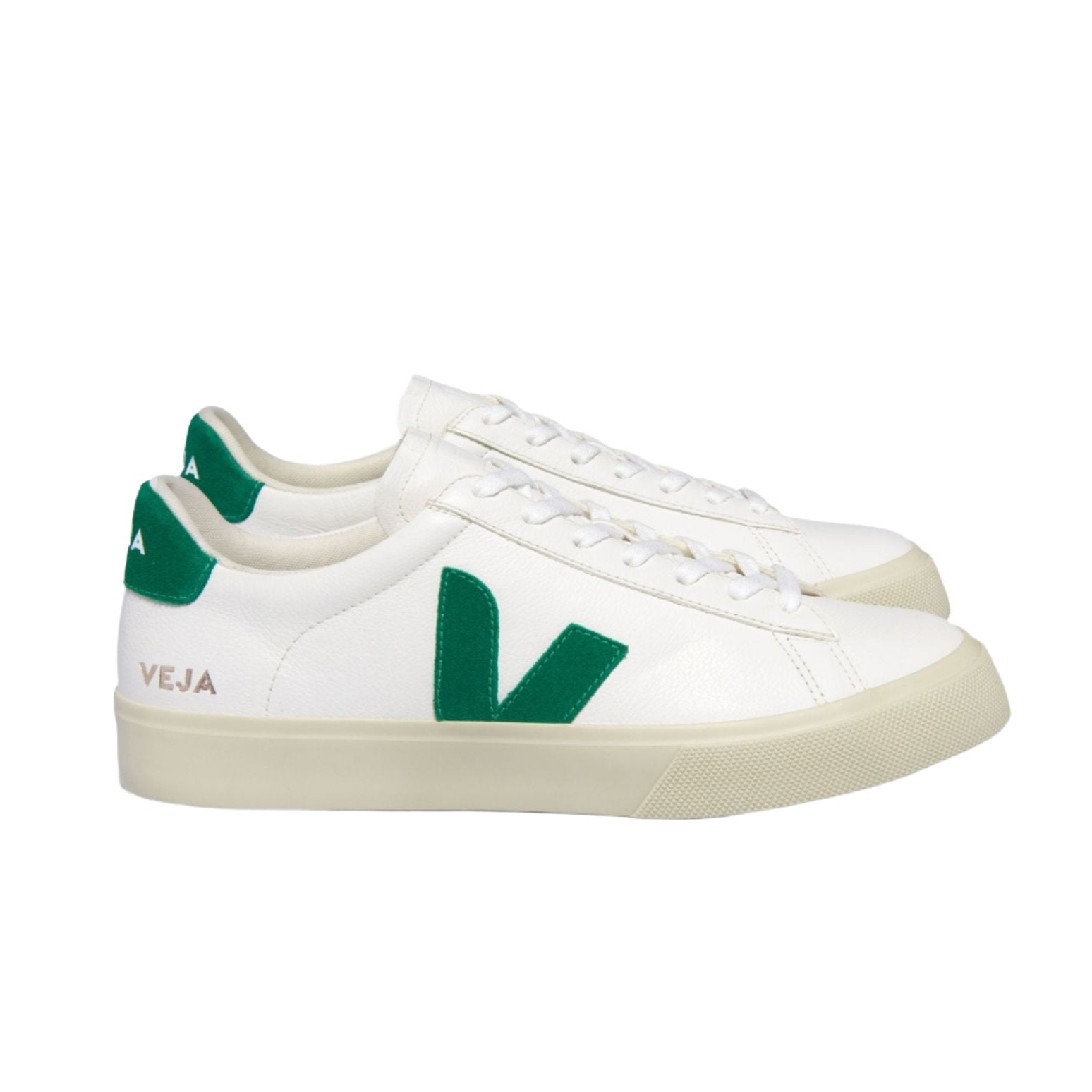 A pair of VEJA Campo Leather Women's Sneakers, made in Brazil, crafted from ChromeFree leather in white with green logos and details, and branded with "Veja" on the heel.