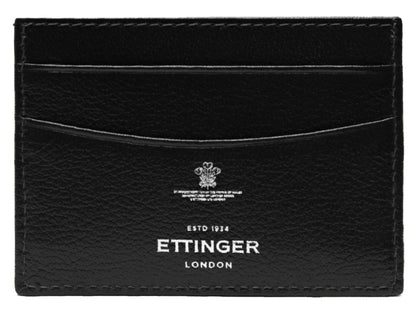 Ettinger Capra Flat Credit Card Case in black goat leather, featuring multiple slots and "Ettinger London" branding embossed on the front.