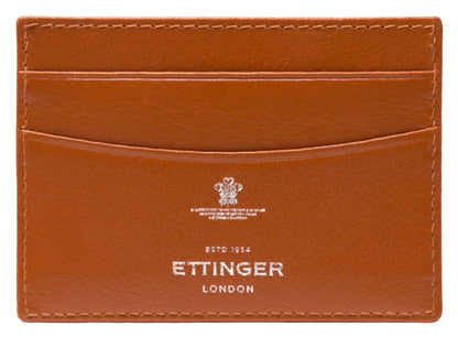 Tan goat leather Ettinger Capra Flat Credit Card Case with an elegant design, featuring the Ettinger logo and "ESTD 1934" embossed in white on the front.