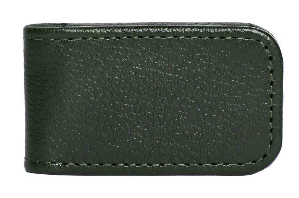 Ettinger Capra Magnetic Cash Clip in green goat leather with a textured surface, viewed from above.