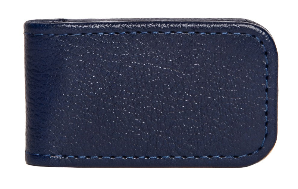 The Ettinger Capra Magnetic Cash Clip is an elegant accessory crafted from navy blue goat leather, featuring a textured surface and sophisticated design.