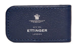 Blue goat leather Ettinger London cardholder with embossed writing and crest, elegantly paired with the Ettinger Capra Magnetic Cash Clip.